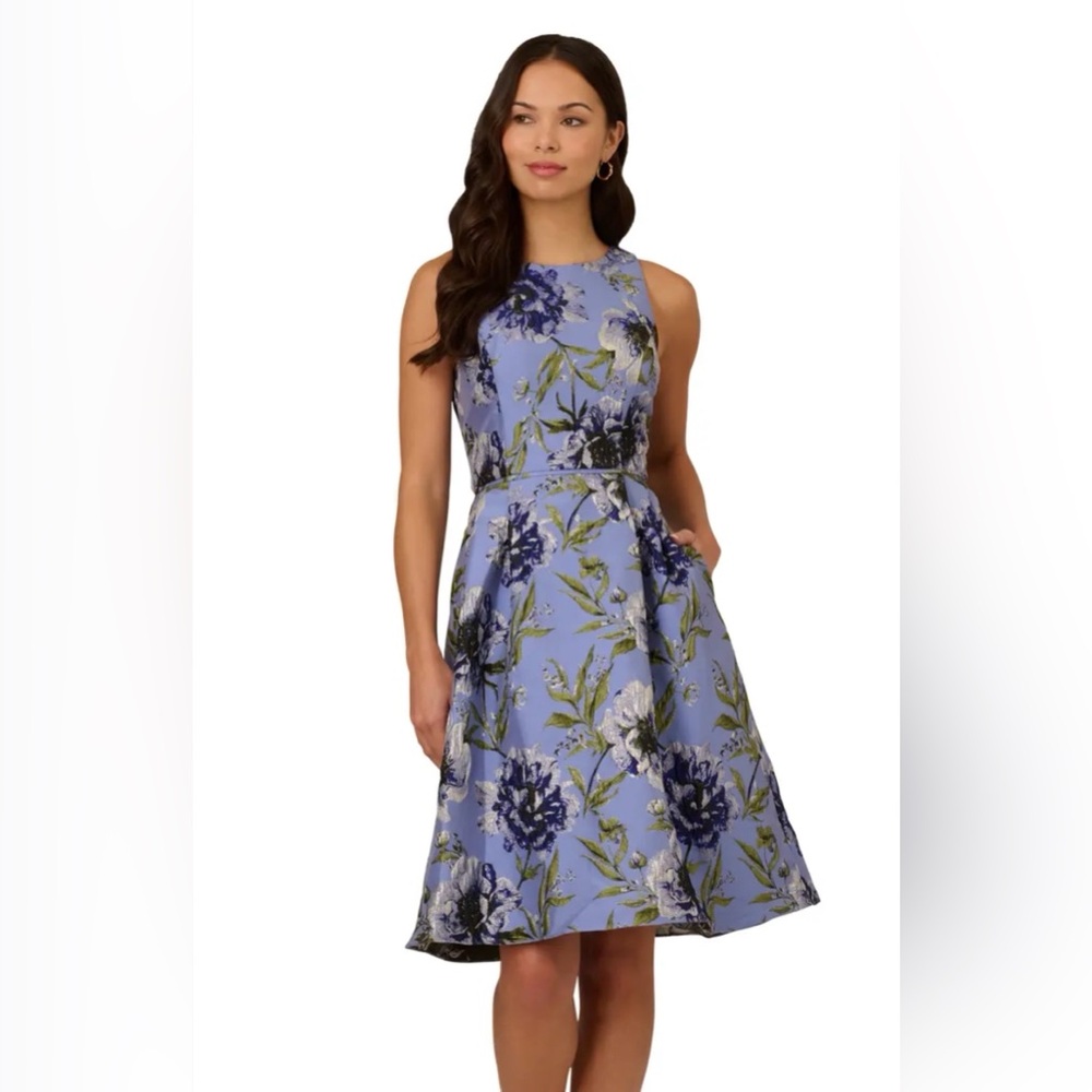 Adrianna Papell Blue Floral Jacquard Cocktail Dress